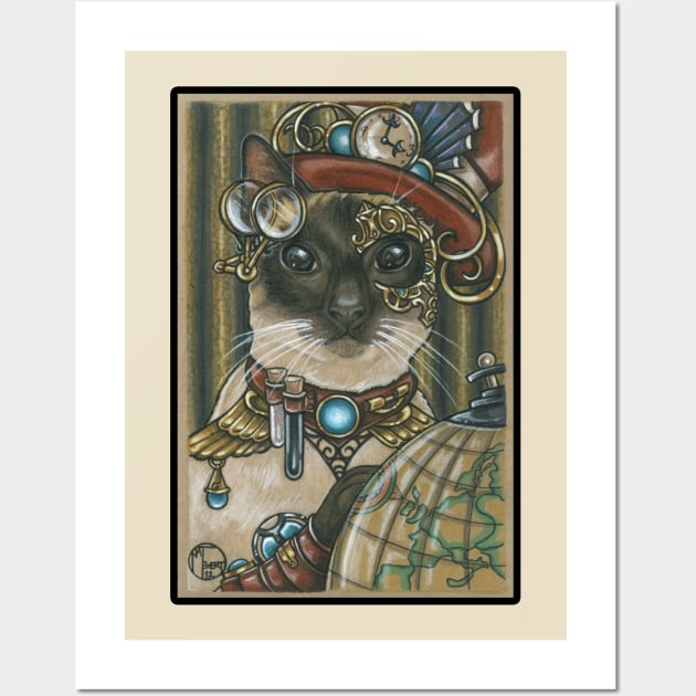 Steampunk Cat Traveler - Siamese Cat - Black Outlined Version Wall Art by Nat Ewert Art